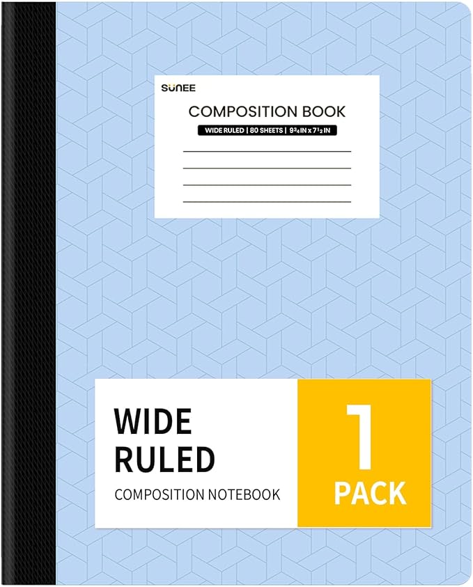 SUNEE Composition Notebook, Wide Ruled Paper, Home School Supplies for College Students & K-12, 9-3/4" x 7-1/2", 80 Sheets/160 Pages, Blue