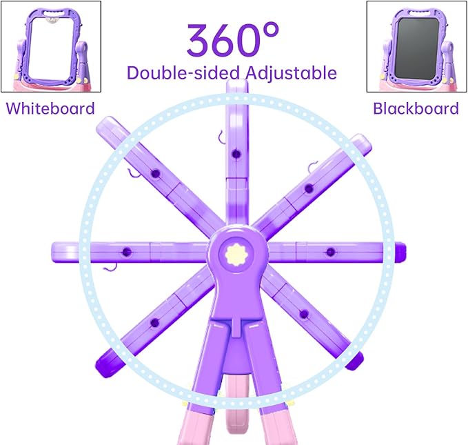 Art Easel for Kids Double Sided Magnetic Drawing Board with Letters & Numbers, Adjustable Standing Easel for Toddlers, Creative Play & Learning Toys for Girls - Purple