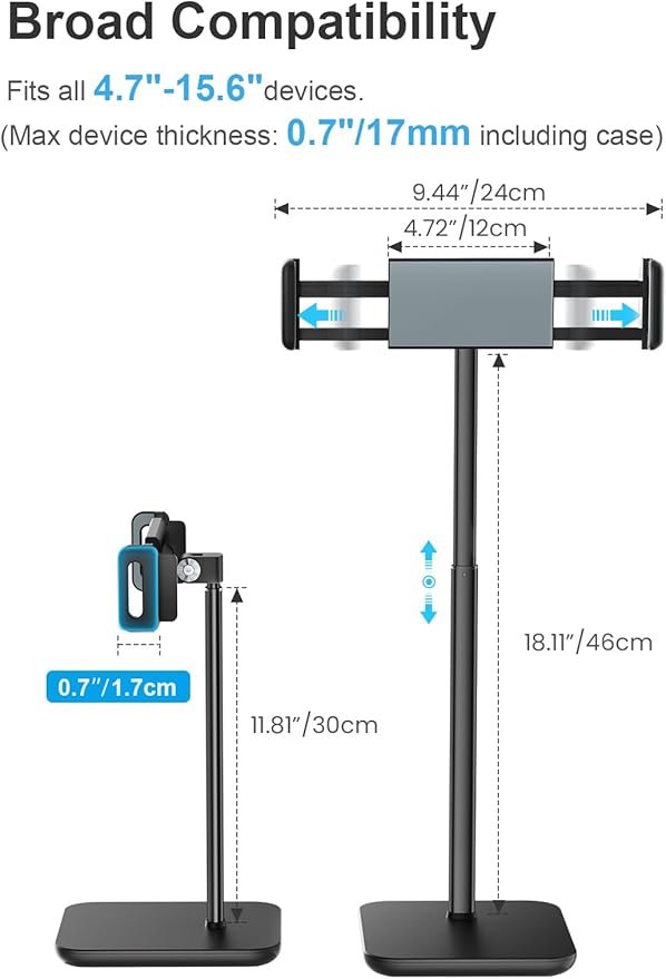 tounee Height Adjustable Tablet Stand, 3.5lb (1.6kg) Max Support, Up to 18" Tall, Slim Portable Monitors Stand Compatible with iPad Pro 12.9, Surface Pro, All 4.7"-15.6" Devices - Black