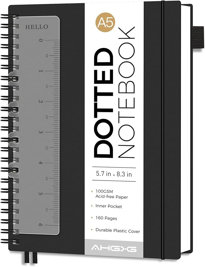 AHGXG Dotted Journal - Dot Grid Spiral Notebook A5, 160 Pages, 100 GSM Thick Paper, Waterproof Plastic Cover Journals for Bullet Journaling, Sketching, 5.7" x 8.3", Black