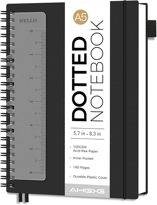 AHGXG Dotted Journal - Dot Grid Spiral Notebook A5, 160 Pages, 100 GSM Thick Paper, Waterproof Plastic Cover Journals for Bullet Journaling, Sketching, 5.7" x 8.3", Black