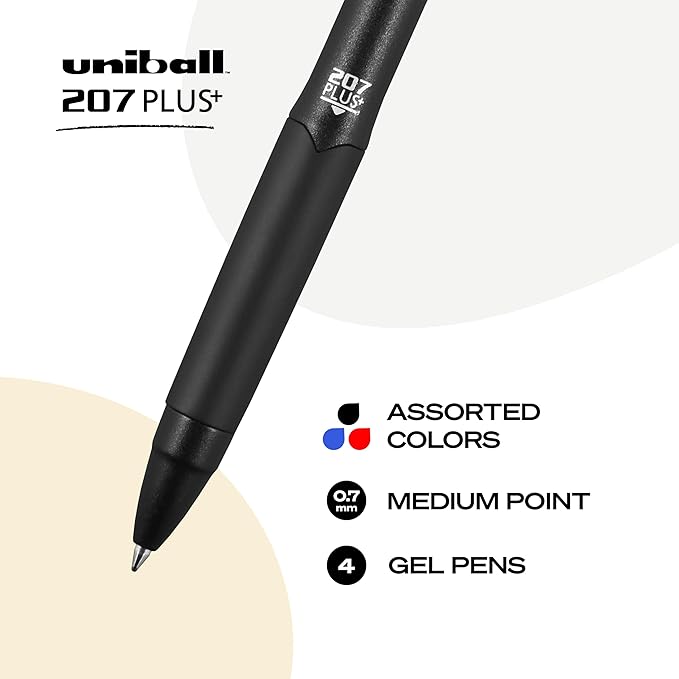 uniball 207 Plus+ Retractable Gel Pens, Medium Point (0.7mm), Assorted, 4 Pack