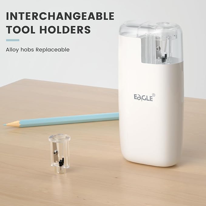 Eagle Pencil Sharpener, Portable Pocket-Sized with Creative Patented Design, Electric Sharpener for Multiple Types of Pencils, Battery-Operated, Manual/Electric Compatible(White)