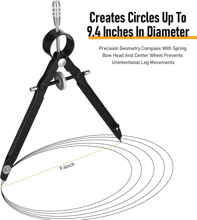 EBOOT Student Geometry Math Set, Metal Drawing Compass and 6 Inch Clear Swing Arm Protractors 180 Degree Math Protractor(Black)