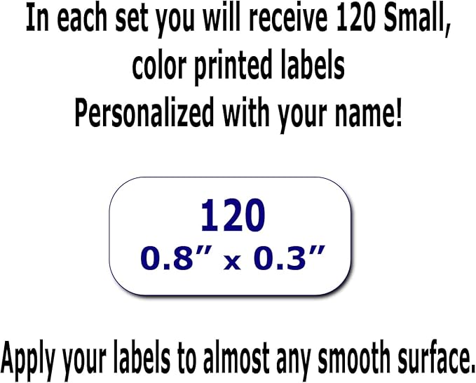 120 Small Personalized Waterproof Name Labels. Press and Stick Multi use Custom Mini Name Labels. Customized 2 Lines of Text and Color. Tiny Name Stickers with Permanent Self Adhesive.