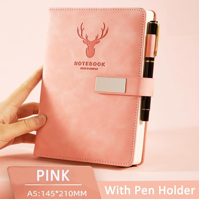 A5 Planner Leather Lined Journal Notebook for Writing, A5 Planner Writing Journal for Girls Women, Ruled Paper Notebook Pink