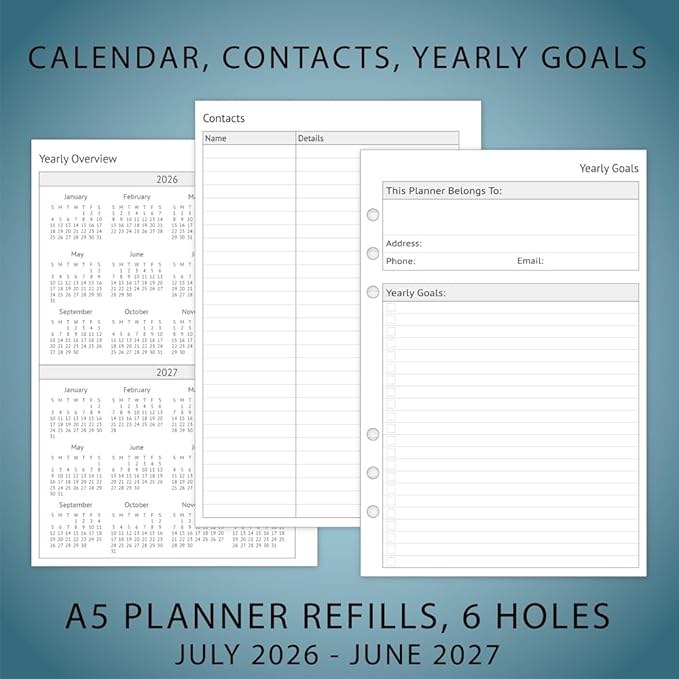 newestor 2026-2027 A5 Planner Inserts, Filofax A5 Compatible, Jul 2026 - Jun 2027, Weekly and Monthly Appointment Book Pages, Tabbed, 6 Holes