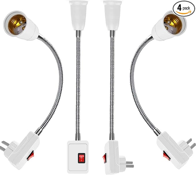 Plug in Light Socket Adapter,4Pack Extension Light Socket Converter Plug Lamp Socket Desk Extender Lamp Bulb Holder E26/E27 All Direction Bulb Adapter with Switch 5.9''Gooseneck For Bedside Plant Grow
