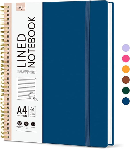 Taja Spiral Lined Notebook, 8.5"x11" Notebooks for Work, Large A4 Journal for Women & Men, College Ruled Journaling Notebook for Writing, Plastic Cover Spiral Journal, Navy Blue