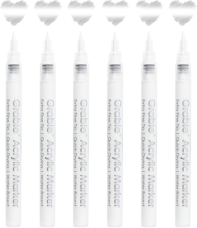 Grabie 6 White Acrylic Paint Markers, 0.7mm Extra Fine Tip Acrylic Paint Pens for Drawing, Coloring Books for Adults