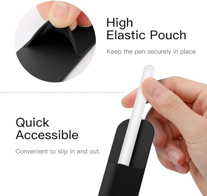 MoKo Pencil Holder Sticker Fit Apple Pencil Pro, iPencil USB-C, Apple Pencil 1st/2nd Generation, Elastic Pencil Pocket Pouch Adhesive Sleeve Attached to iPad Case for Stylus Pens, 2 Pieces Black