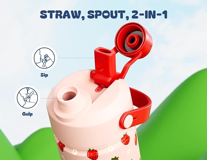 12 oz Kids Metal Water Bottle: 2-in-1 Straw Spout Lid, Spill-Proof, Easy Clean, Keep Cold 24H, Backpack Friendly, BPA-Free Stainless Steel Cup for School, Daycare, Playtime, Gift (Strawberry Daisy)