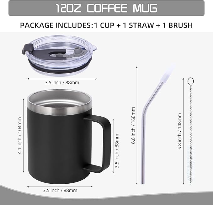Volhoply 12oz Insulated Leakproof Coffee Mug with Flip & Straw Lid Bulk 2 Pack,Double Wall Vacuum Stainless Steel Travel Tumbler Cup with Handle,Reusable Camping Mugs Keep Cold/Hot(Black,2 Set)