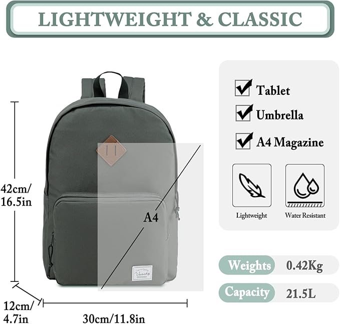 VASCHY School Backpack, Ultra Lightweight Backpack for Men Women Bookbag for Kids Teen Boys Girls Gray