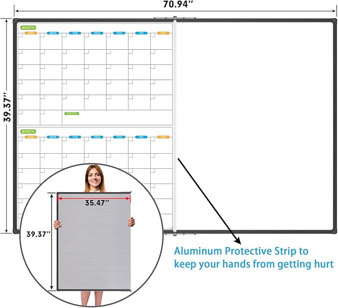 JILoffice Magnetic Foldable Dry Erase Calendar Whiteboard, 2 Month Calendar Board & White Board 72 X 40 Inch, Black Aluminum Frame Wall Mounted Board for Office Home and School