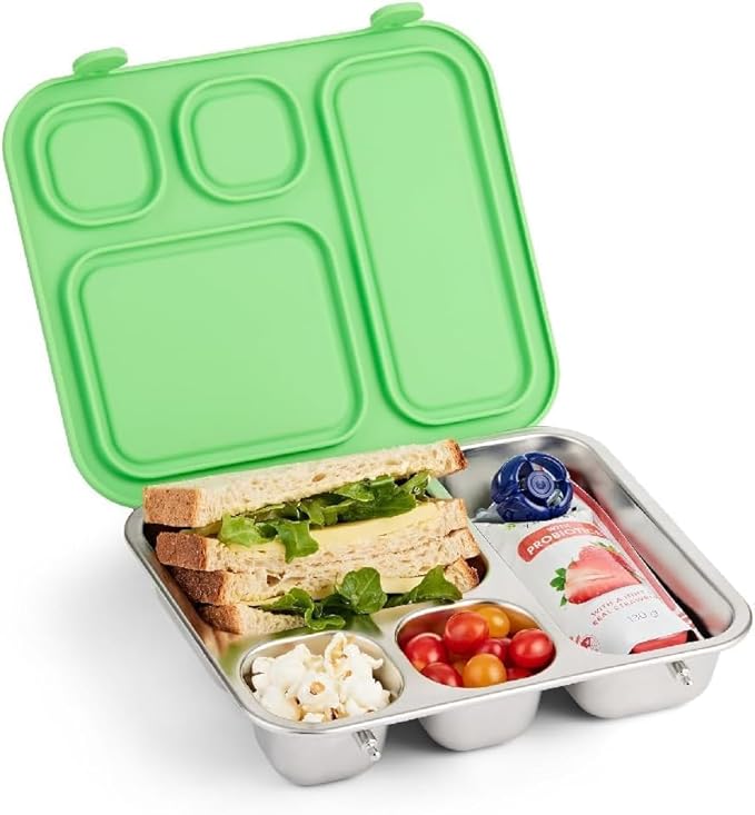 Elk and Friends Kids Stainless Steel Bento Box with Silicone Lid | Leak-proof | Toddler Lunch Container | 4 Compartments | Dishwasher Safe