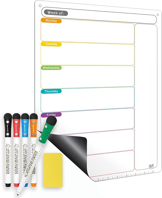 Monday Start Weekly Planner for Fridge, Magnetic Dry Erase Whiteboard Planner with Notes, Extra-Strong Magnetic Hold, Includes 5 Markers & Eraser, Workweek Schedule & Weekly Menu Board