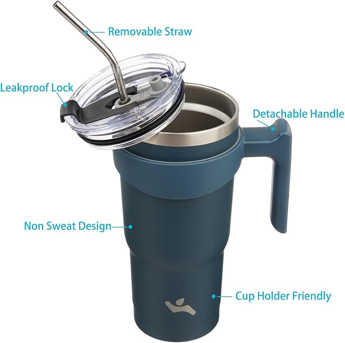 Konokyo 20 oz Tumbler with Handle and 2 Straw 2 Lid, Insulated Water Bottle Stainless Steel Vacuum Cup Reusable Travel Mug, Navy Blue