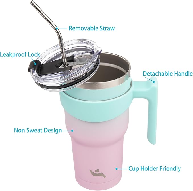 Konokyo 40 oz Tumbler with Handle and 2 Straw 2 Lid, Insulated Water Bottle Stainless Steel Vacuum Cup Reusable Travel Mug,Gum