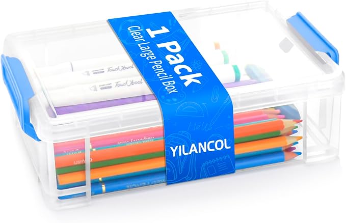 Large Plastic Clear Hart Pencil Box Case For Crayons, Markers, Art Supplies | Hard Pen Case Box With Secure Lid,Stackable Kids Boy Girls Storage Organizer Box For School Classroom Office,Blue
