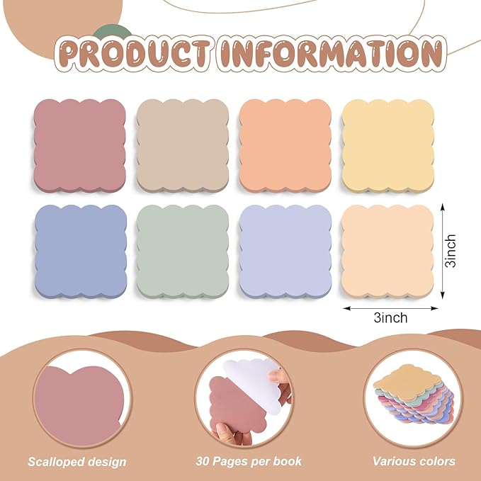 Eaasty 8 Pack Scalloped Aesthetic Sticky Notes Bulk Morandi Colors Cute Wavy Self Sticky Note Pads 3" x 3" Blank Note Pads for Back to School Office Supplies 240 Sheets
