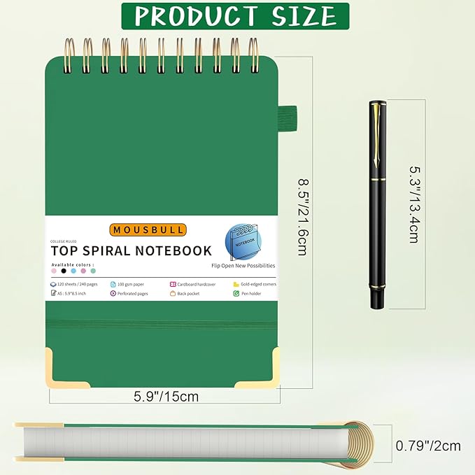 Top Spiral Notebook, A5 Hardcover Top Bound Steno Pads, 240 Pages 100gsm College Ruled Left Handed Notebook Journal for Work, School, Meeting Writing - Green, 5.9" x 8.5"