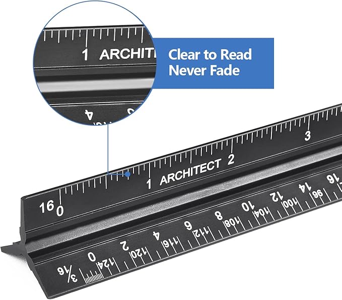 Architectural Scale Ruler with Straight Ruler, 12 Inches Imperial Measurements, Blcak Laser-Etched Aluminum Architect Triangular Ruler for Architects, Engineers, Architects, Students and Draftsman