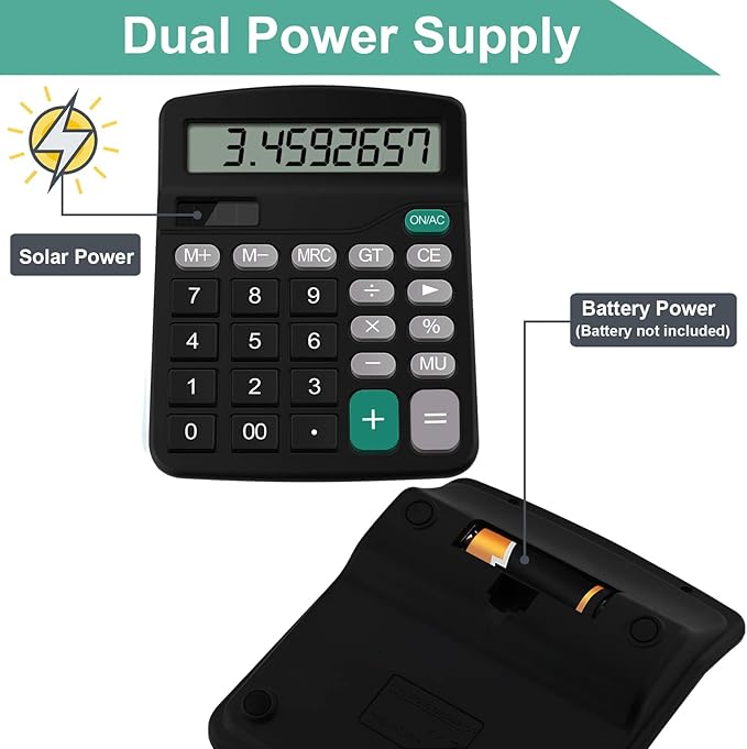 Desktop Calculator, 12-Digit Solar Calculator with Large Easy-to-Read LCD Screen, Comfortable Big Buttons, Solar Powered, Standard Desk Calculator for Home, Classroom & Office