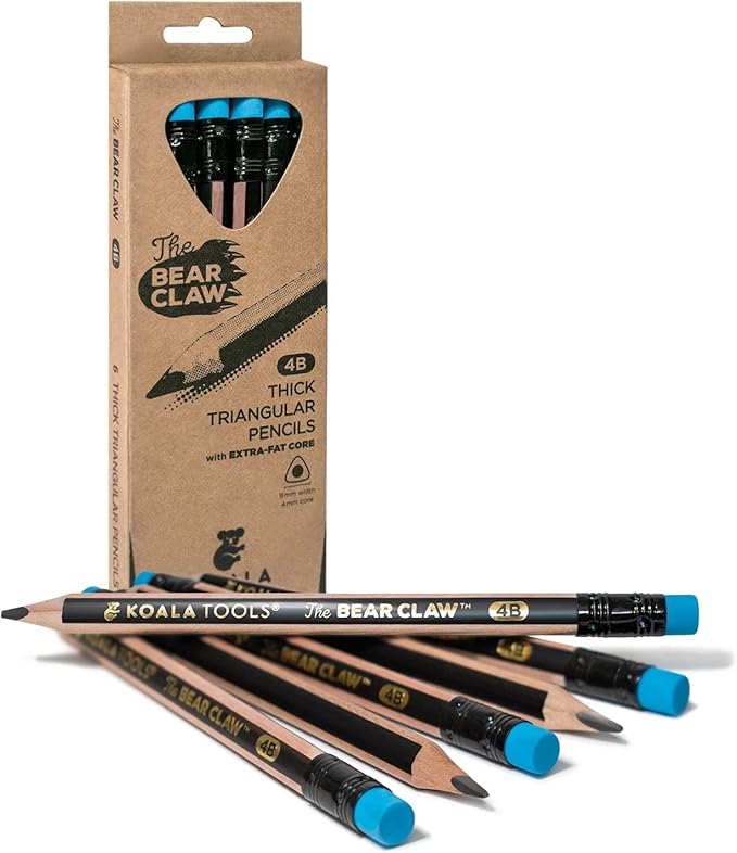 KOALA TOOLS | Bear Claw Pencils 1-Pack (6 Pencils) - Fat, Thick, Triangular Grip, Extra-Fat 4B Graphite Core with Eraser - Suitable for Kids, Art, Drawing, Drafting, Sketching & Shading