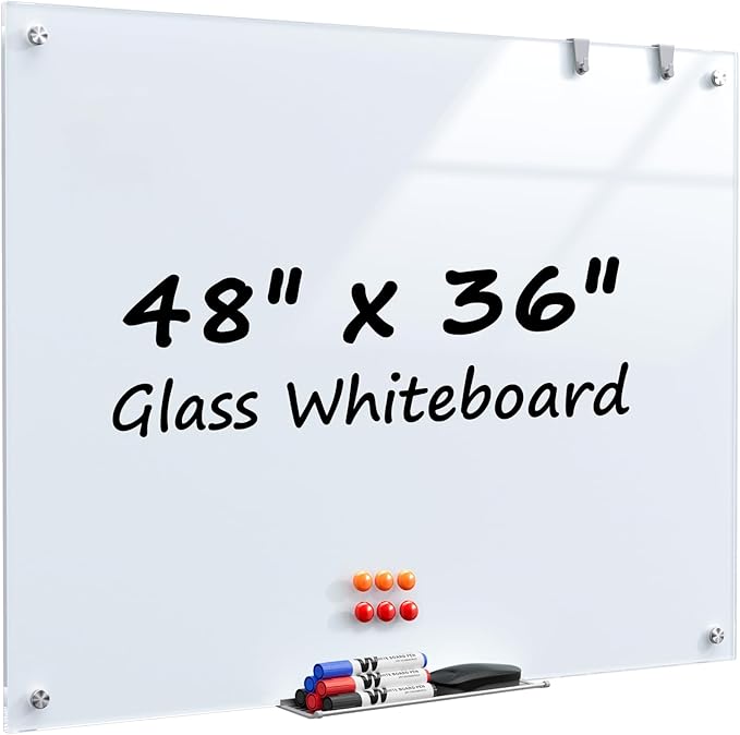 MaxGear Glass Whiteboard 48 x 36 Inch, Tempered Glass Dry Erase Board, Frameless Wall Mounted Magnetic Whiteboard for Office, Home Office, Classroom, Small Team Collaboration