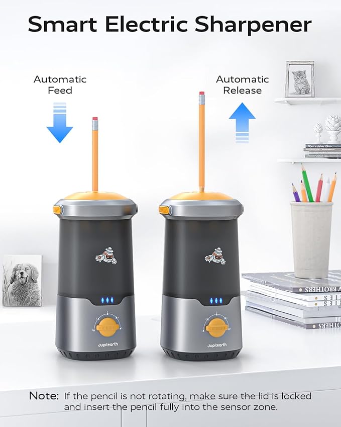 JUPITEARTH Electric Pencil Sharpener for Kids, Hands-Free, Rechargeable, Auto in & Out Spaceship Fully Automatic Pencil Sharpener Fits 6.9-11mm Colored/No.2 Pencils for Classroom Home Office (Black)