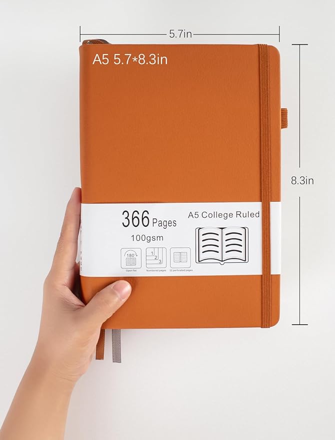 Thick College Ruled Notebook with 366 Numbered Pages, A5 Journals for Writing with 100GSM Lined Paper, Hardcover Leather Notebooks for Women Men School Note Taking Office Work Diary, Green