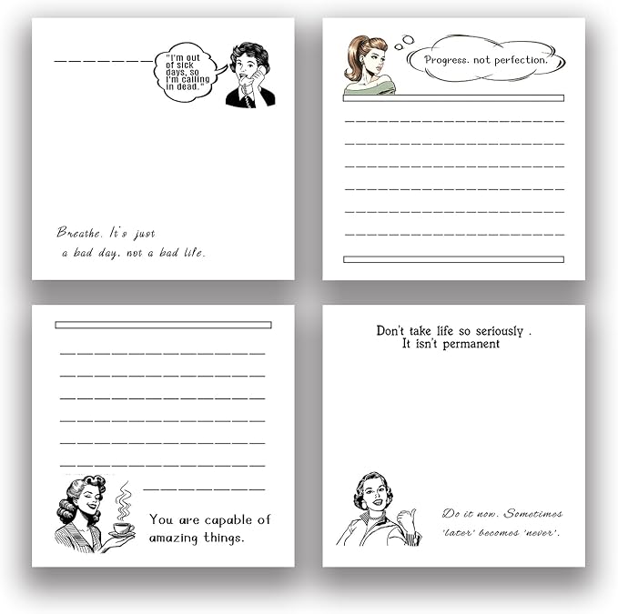 Retro Funny Quotes 4Pads/200Sheets 3x3 inch Sticky Notes Set, Vintage Memo Pads with High-Adhesive, Post Reusable Tearable it Notes for Journal Planners Office School Home, Bulk Retro Stationery Gift