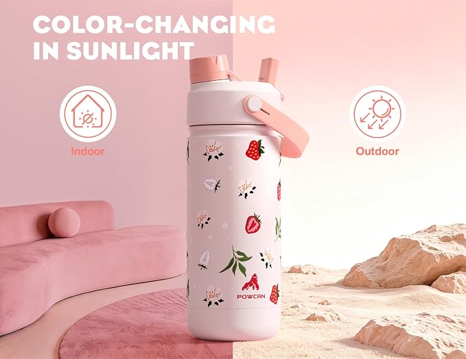 18 oz Kids Water Bottle: UV-Activated, Leakproof, 2-in-1 Straw Spout Lid, BPA-Free, Easy Carry, Keep Cold 24H, Insulated Stainless Steel Cup for Sports, Camping, Gift, Home (Sun-Kissed Strawberry)