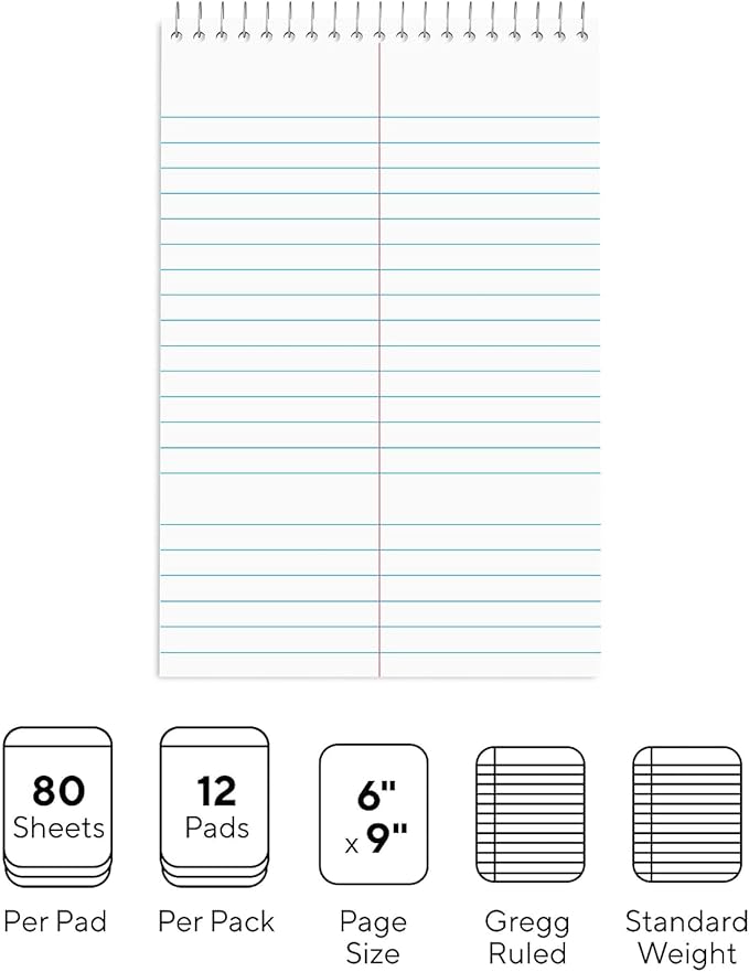 STAPLES Steno Notepads, 6” x 9”, Gregg Ruled, Top Wirebound, 80 Sheets, 12‑Pack