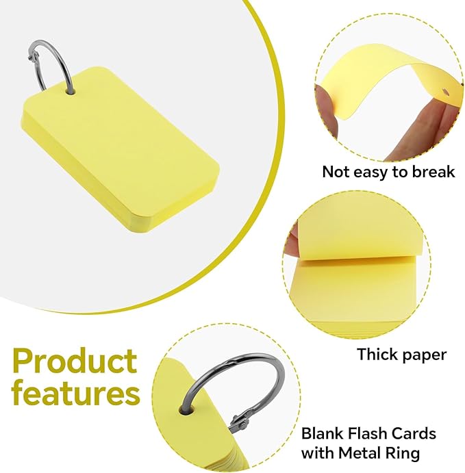 300 Pcs Index Cards with Ring, 2" x 3.5" Yellow Blank Flashcards for Studying, Vocabulary, Memos, Bookmark,Greetings (Yellow)