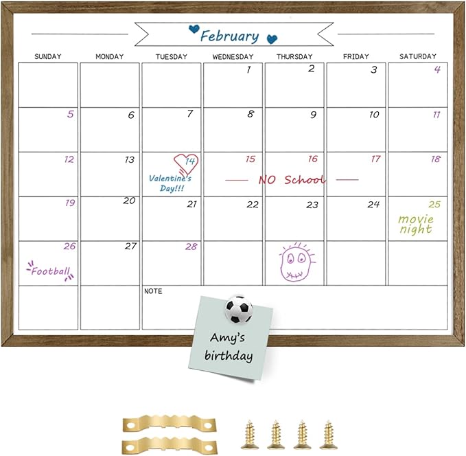 Dry Erase Monthly Calendar Whiteboard for Wall, Large Solid Pine Wood Rustic Brown Frame Magnetic Surface Whiteboard for Wall，23.6"x 31.5"(YLBB-B-RB-6080)