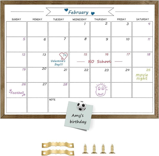 Dry Erase Monthly Calendar Whiteboard for Wall, Large Solid Pine Wood Rustic Brown Frame Magnetic Surface Whiteboard for Wall，23.6"x 31.5"(YLBB-B-RB-6080)