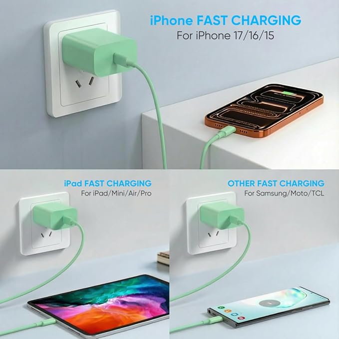 iPhone 17 16 15 Charger Fast Charging 6FT+10FT Cable, 20W USB C Charger, USBC Wall Charger for i Phone 17 Air 16 16e/16 Pro/16 Pro Max/15/15 Plus/15 Pro/15 Pro Max,i Phone iPad Pro/Mini (Green)