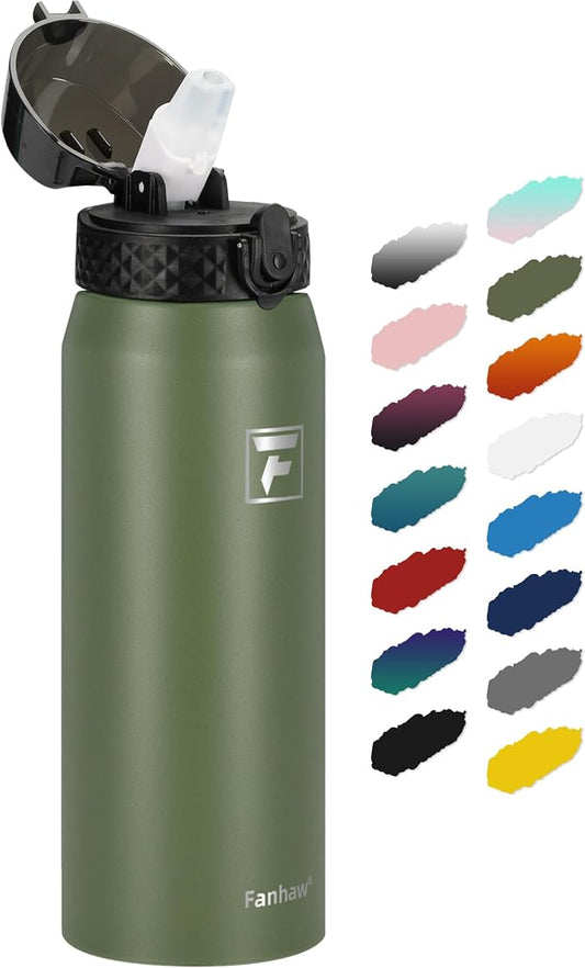 Fanhaw 24 Oz Kids Insulated Stainless Steel Water Bottle with Straw Lid, Leakproof & Anti-Dust Everyday Use Bottle for School, Women & Men, Back to School Essentials (Olive Green)