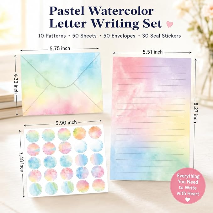 160 Pcs Stationery Writing Paper with Envelopes, 50 Double Sided Stationery Papers with 50 Matching Envelopes and 60 Round Dot Sticker, 10 Unique Designs