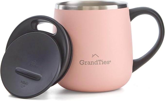 GRANDTIES 11oz Insulated Coffee Mug with Sliding Lid, Wine-Glass Shape Thermal Tumbler with Double Walled Vacuum Stainless Steel to Keeps Beverages Hot or Cold (Peach Crème)