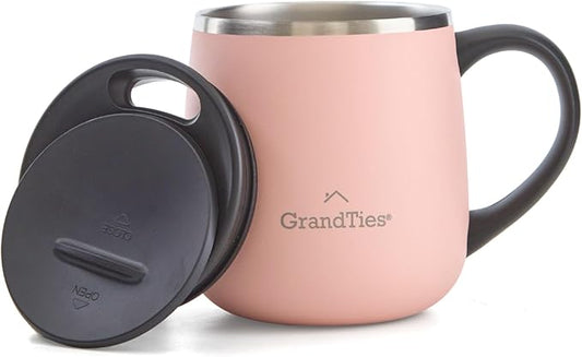 GRANDTIES 11oz Insulated Coffee Mug with Sliding Lid, Wine-Glass Shape Thermal Tumbler with Double Walled Vacuum Stainless Steel to Keeps Beverages Hot or Cold (Peach Crème)