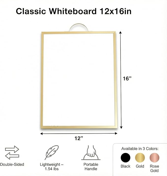Magnetic Dry Erase Board 12x16 with Handle, Double Sided Portable Gold Whiteboard for Home, Office, School & Kitchen