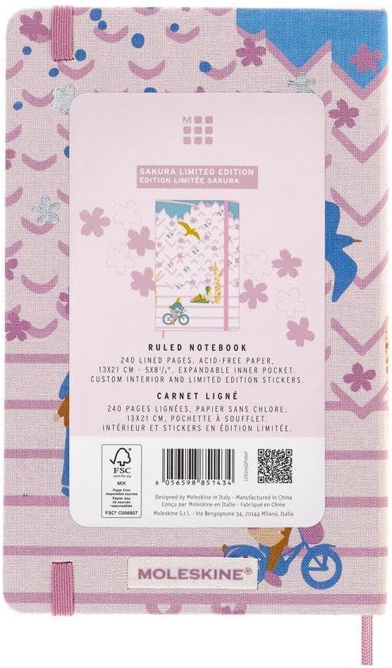 Moleskine Limited Edition Sakura Notebook, Hard Cover, Large (5" x 8.25"), Ruled/Lined, Bicycle, 240 Pages