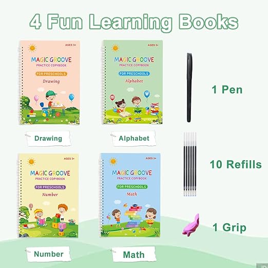 Large Magic Grooved Handwriting Book Practice,Handwriting Practice Copybook,Reusable Practice Book for Preschool Age 3-8 Back to School Supplies(4 Large Books with Magic Pens)