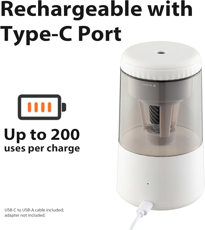 SUNZO Electric Automatic Pencil Sharpener, auto feed, hands free, electronic, rechargeable battery powered, small & portable, for colored pencil, for office & classroom (White)