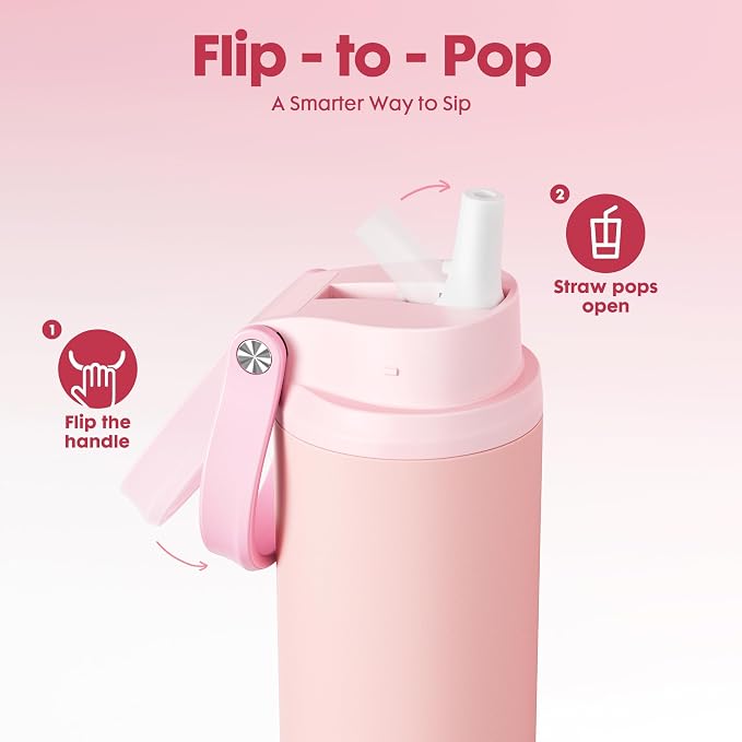 Meoky 24 oz Insulated Stainless Steel Water Bottle: Flip-to-Pop Straw, Leak Proof, 24H Cold, Wide Mouth, BPA-Free, Non-slip Base, Travel Water Bottle for Women School Backpack Car, Candy