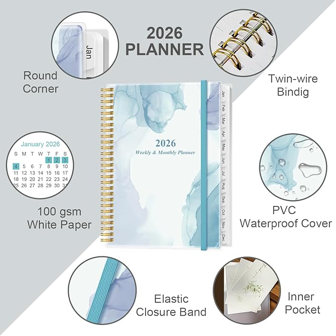 2026-2027 Planner - Planner 2026-2027 from July 2026 - June 2027 with 12 Monthly Tabs, Flexible Cover, Inner Pocket, 8.5" x 11", Blue Watercolor