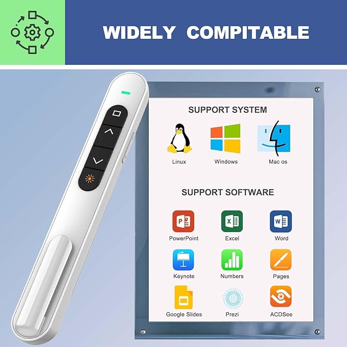 QUI 2 Pack Presentation Clicker, Hyperlink Volume Control Wireless Presenter, RF 2.4GHz USB Presentation Remote Control,PowerPoint Clicker Slide Advancer for Computer, Laptop, Mac (USB, White)